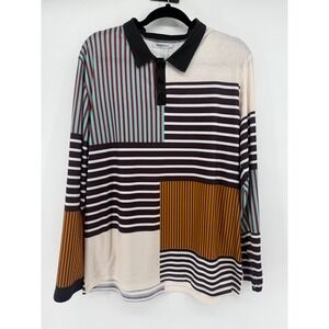 HAWALILI Menswear XL Long Sleeve Polo Shirt Striped Patchwork Casual Top